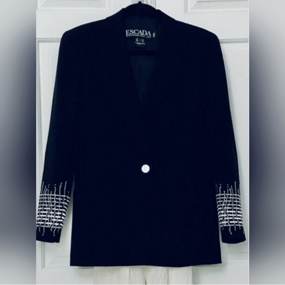 ESCADA by Margaretha Ley Deep Navy/Black Wool Blazer Embroidered Sleeves Sz: 38 - Picture 6 of 12